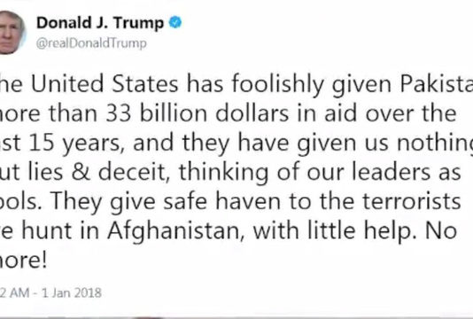 Trump’s first 2018 Intimidate tweet: Pakistan has ‘given us nothing but lies & deceit’